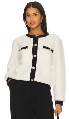 LINE AND DOT Women’s White Fuzzy Boucle Button Front Pocket Cardigan